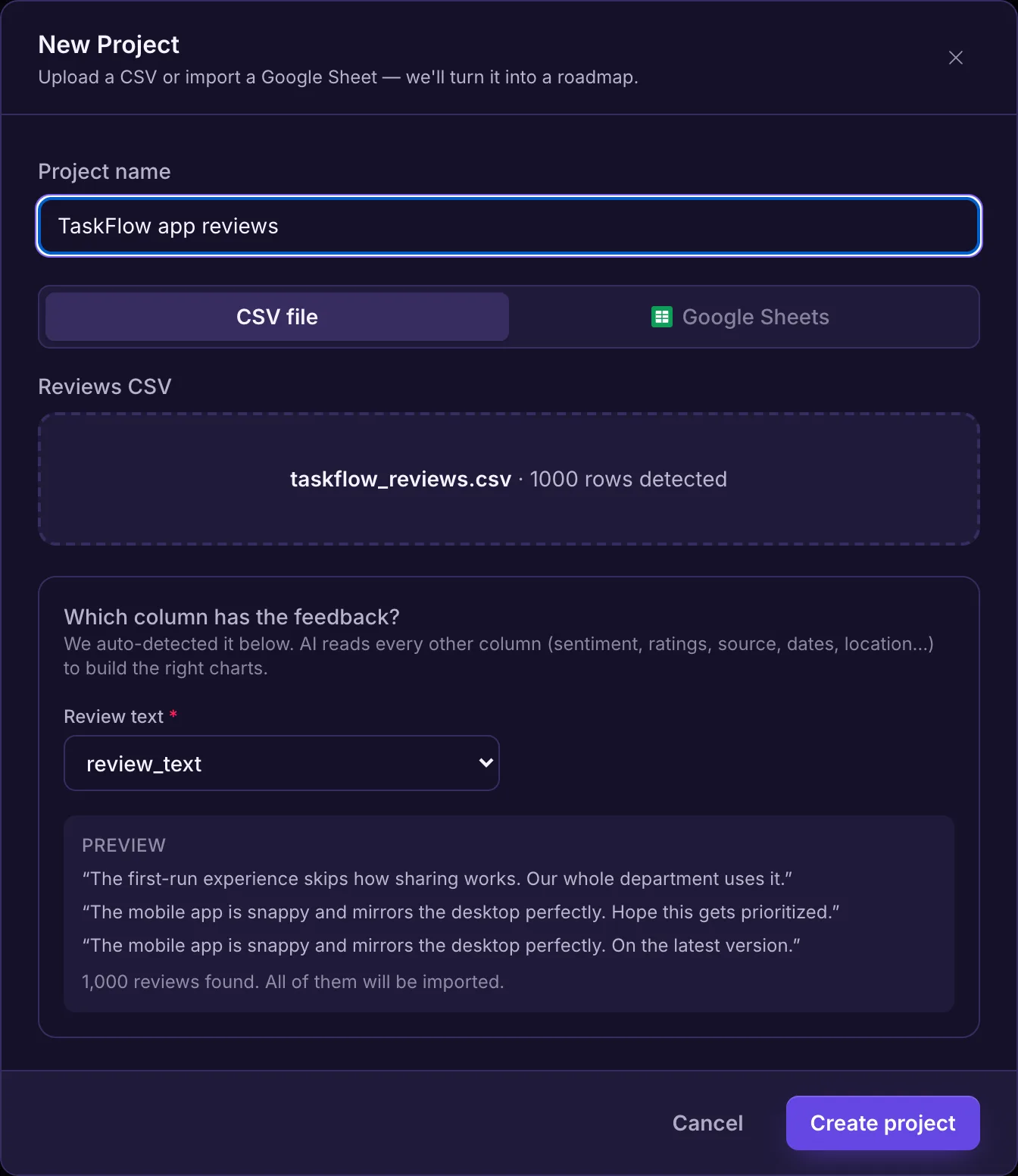 The New Project dialog with a CSV of 1,000 feedback items loaded and a preview of the feedback column.