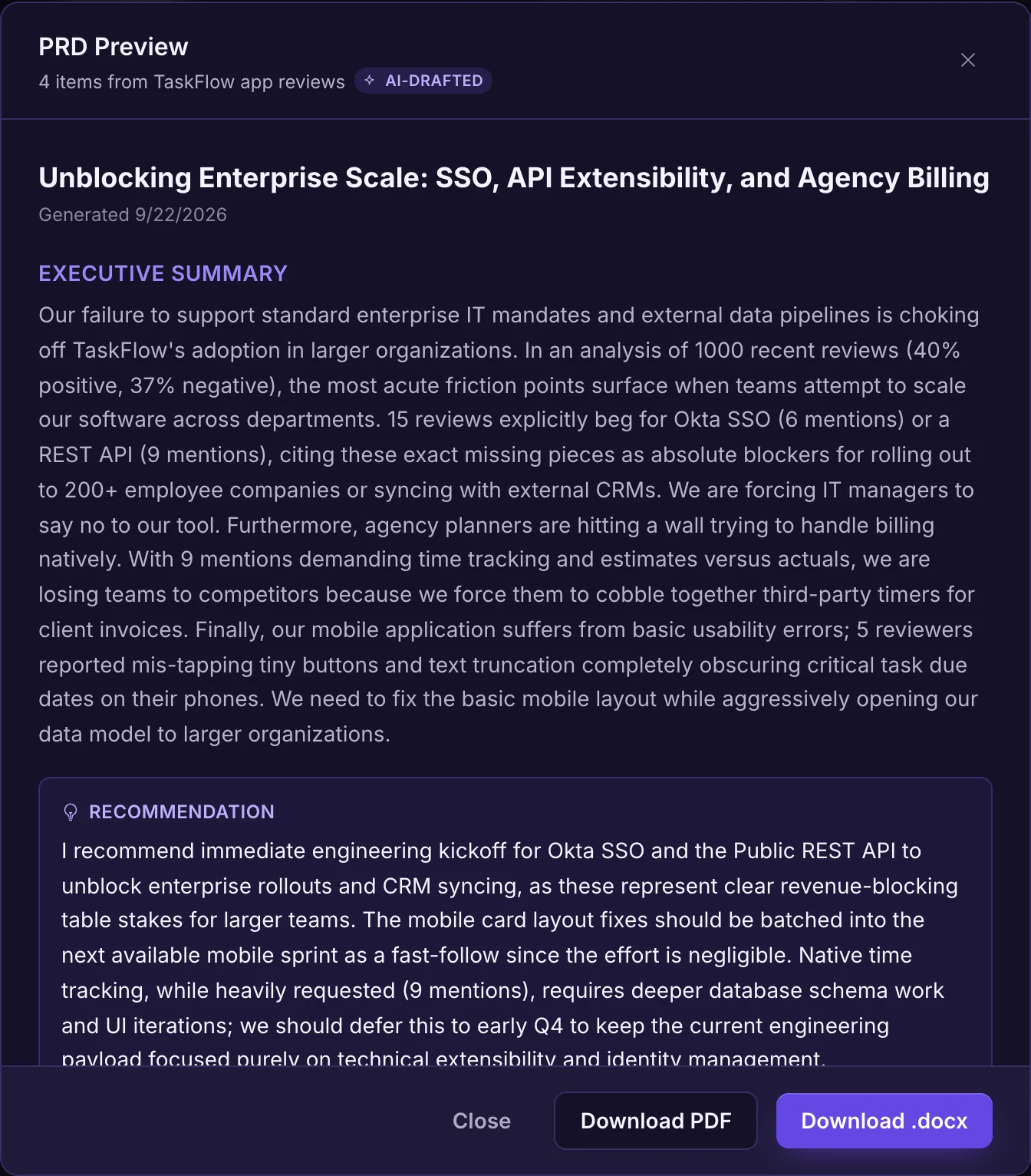 A generated PRD with an executive summary and recommendation, with buttons to download as Word or PDF.